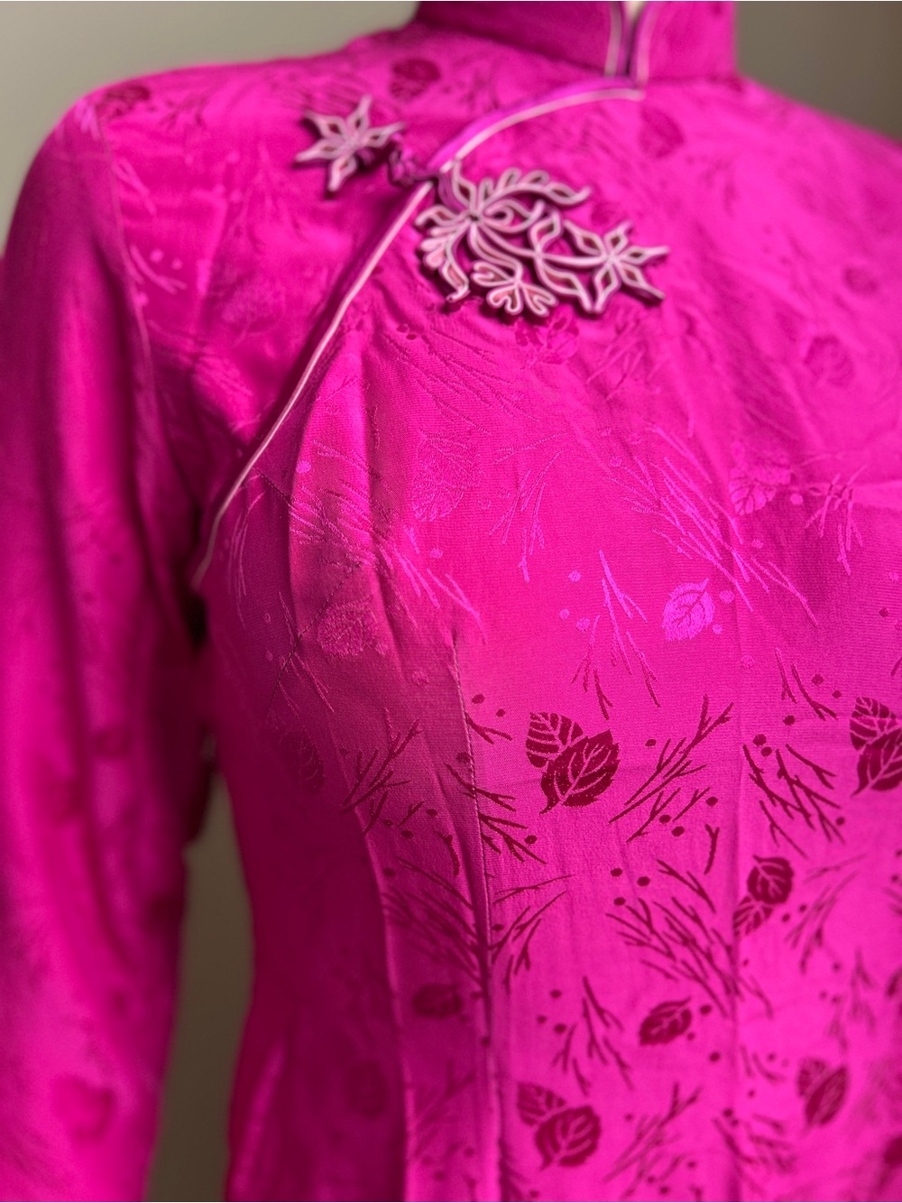 Fuchsia Pink 100% Pure Silk Brocade Long Cheongsam Dress XS / S